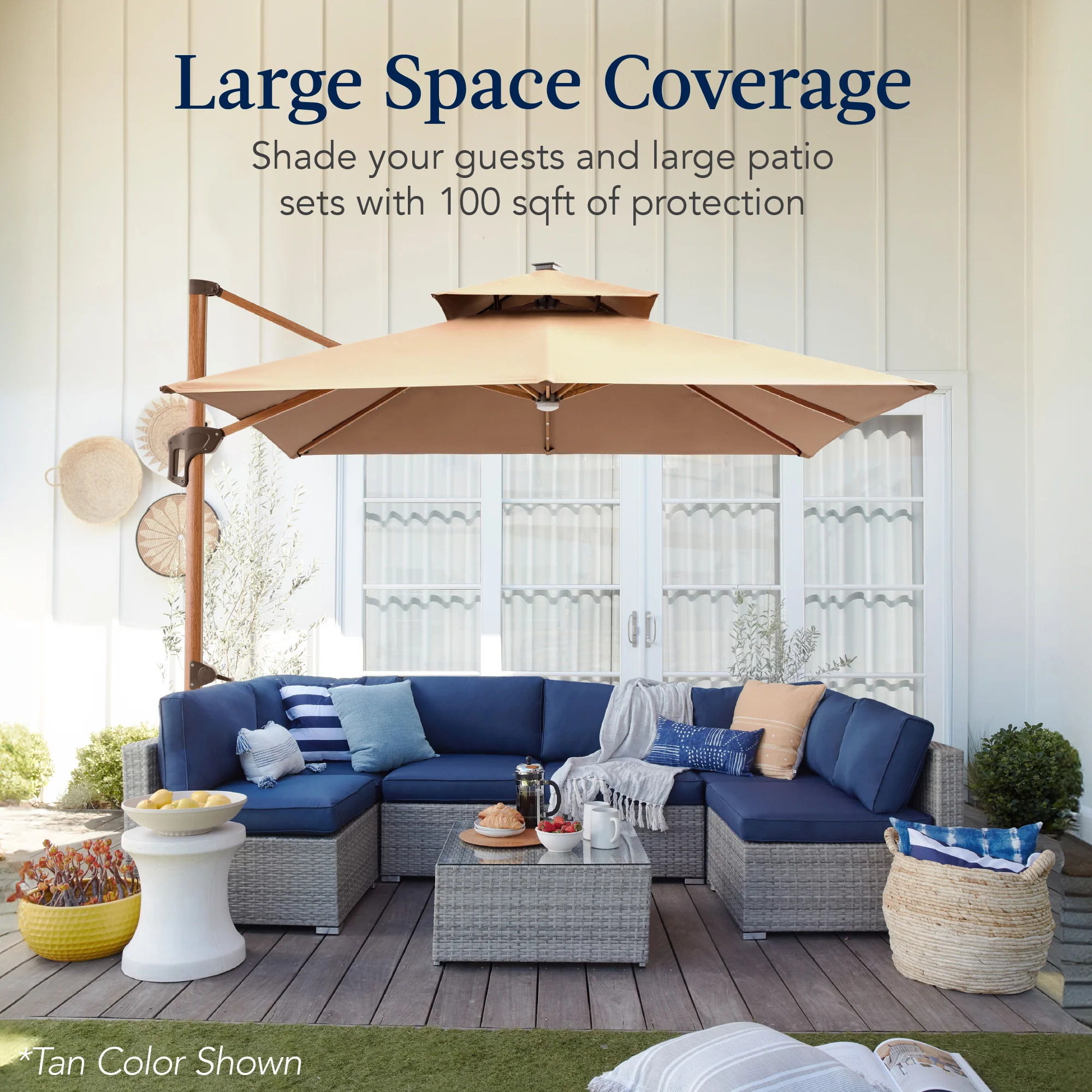 Woodgrain Pattern 2-Tier Outdoor Solar LED Cantilever Umbrella - 10x10ft - Image 78