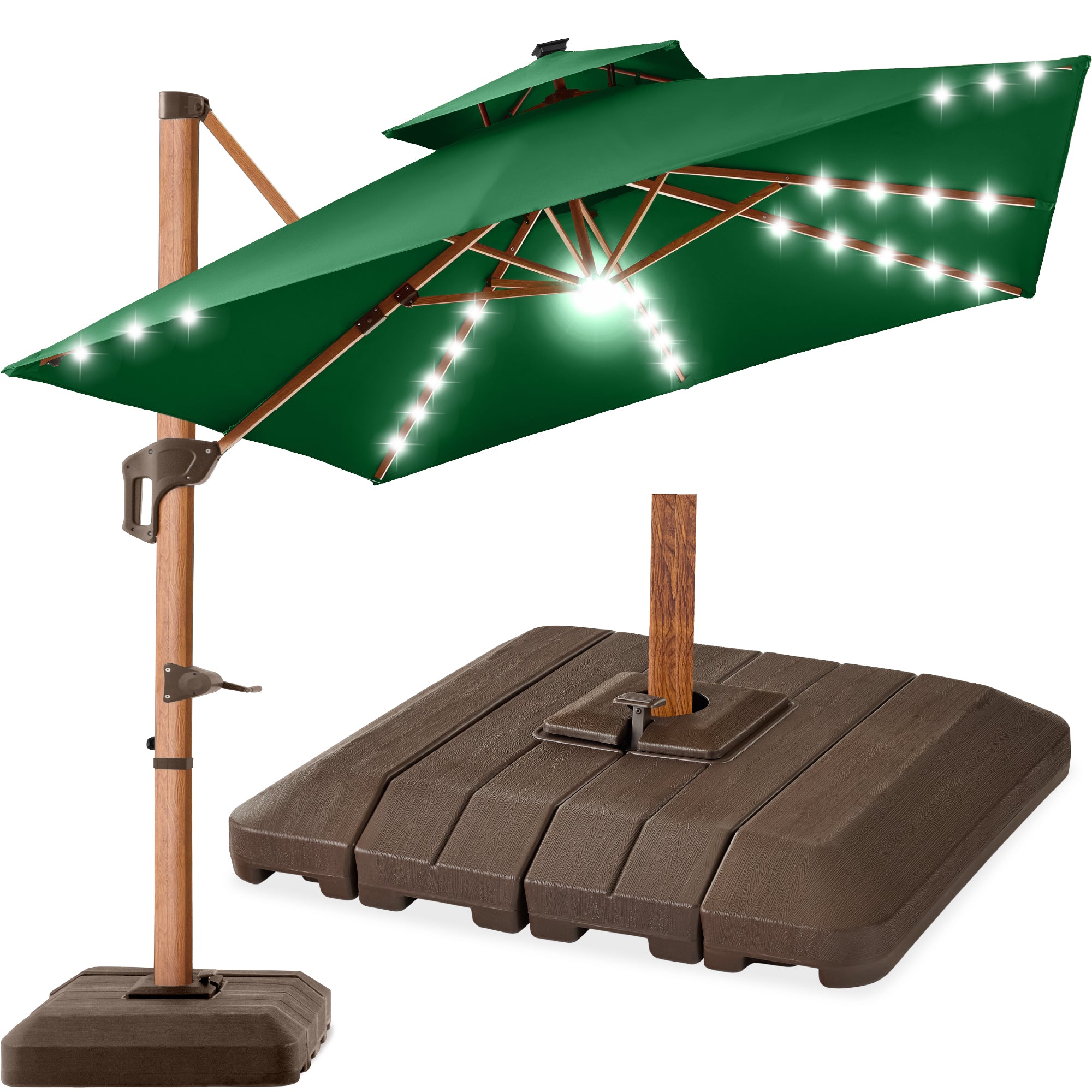 Woodgrain Pattern 2-Tier Outdoor Solar LED Cantilever Umbrella - 10x10ft - Image 9