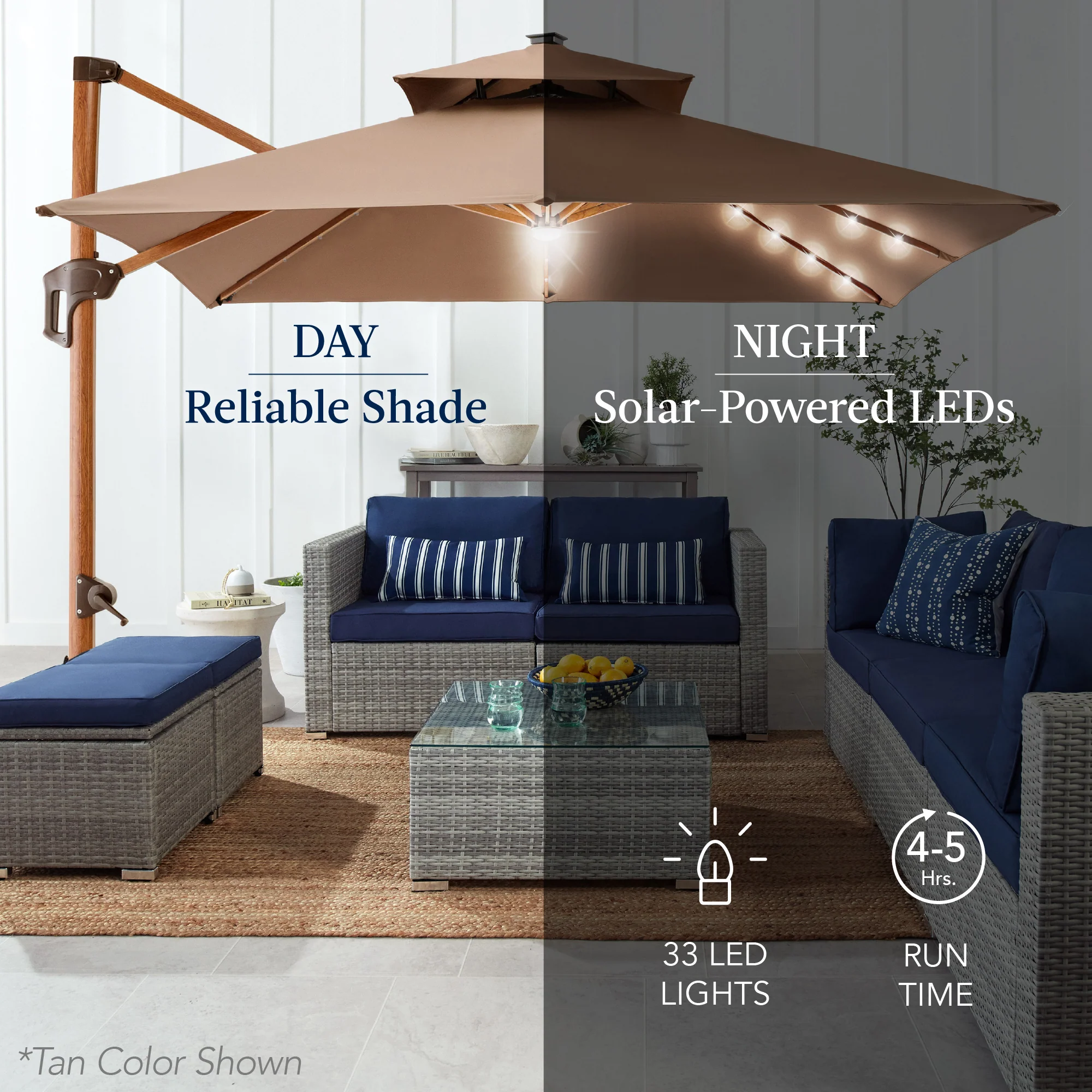 Woodgrain Pattern 2-Tier Outdoor Solar LED Cantilever Umbrella - 10x10ft - Image 93