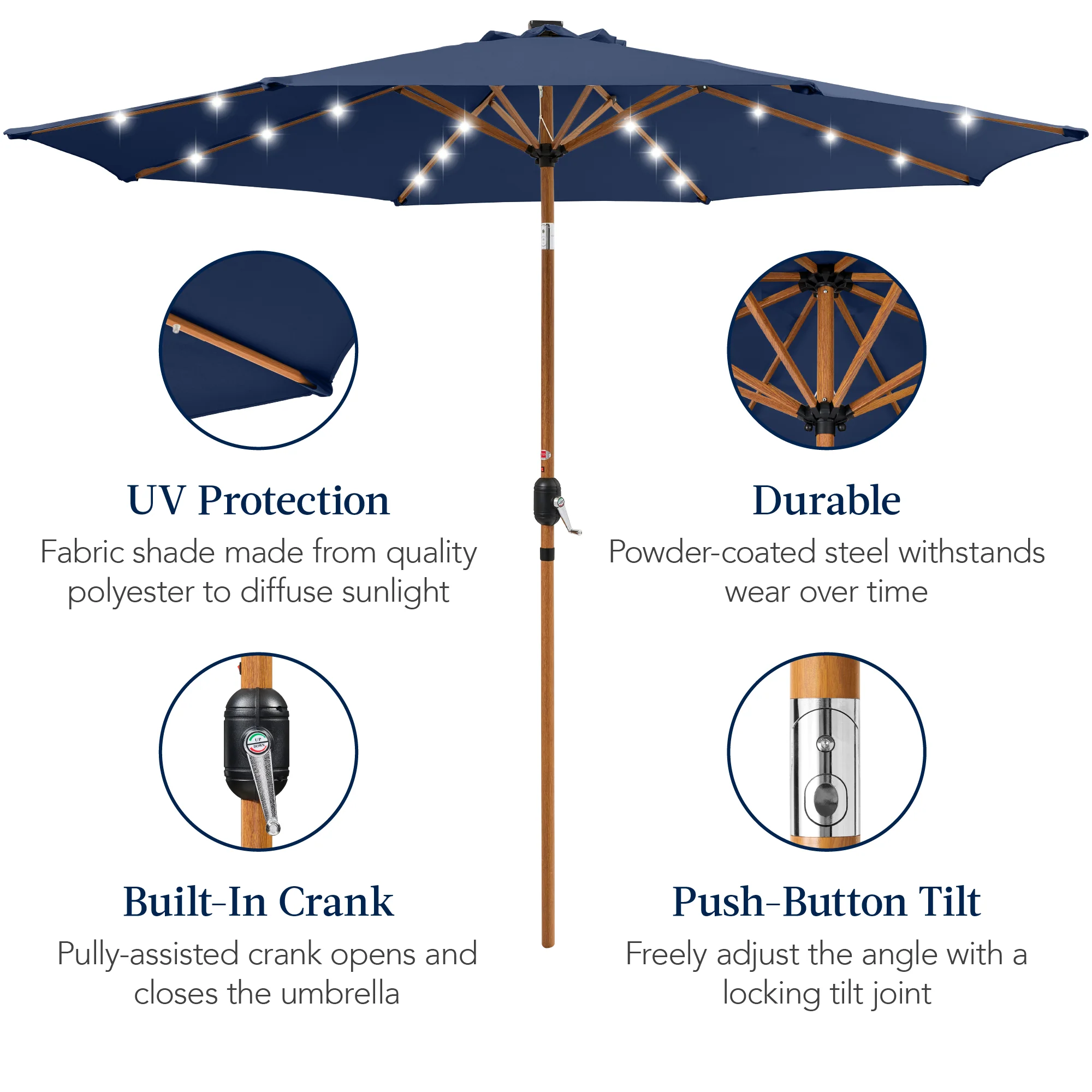 Woodgrain Pattern Solar LED Lighted Patio Umbrella w/ Adjustable Tilt - 10ft - Image 15