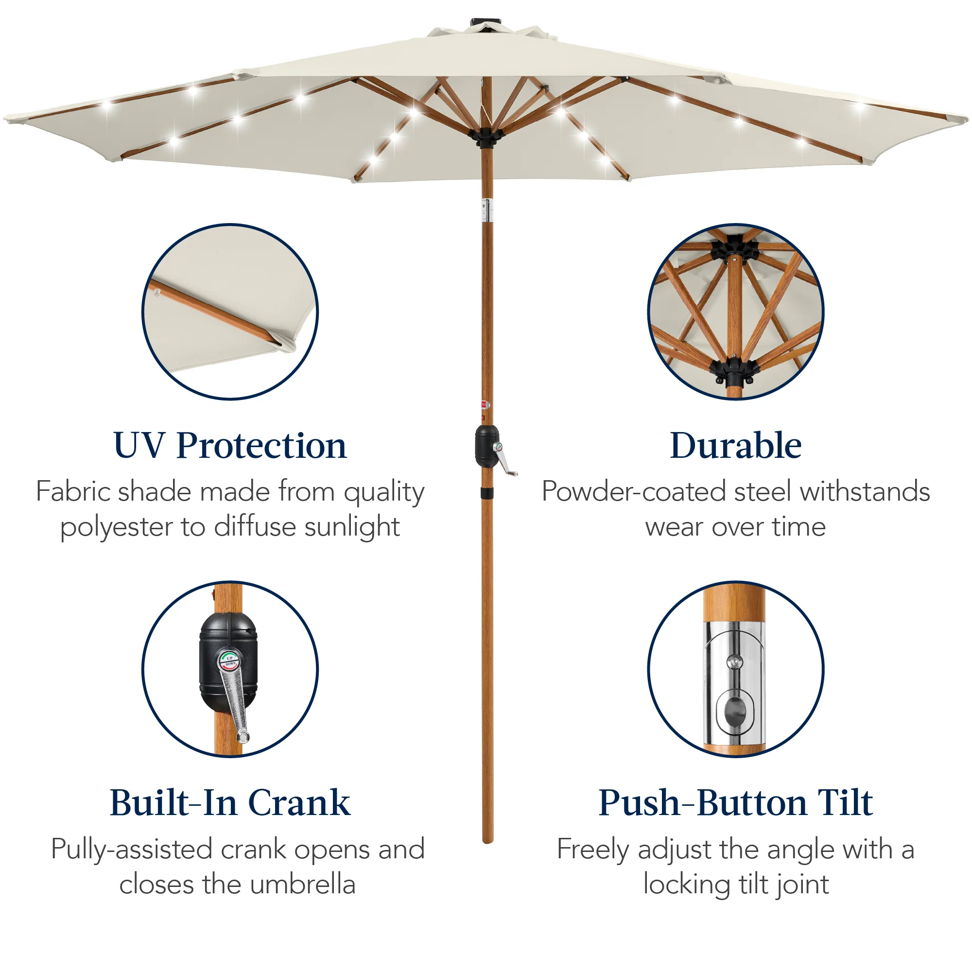 Woodgrain Pattern Solar LED Lighted Patio Umbrella w/ Adjustable Tilt - 10ft - Image 51