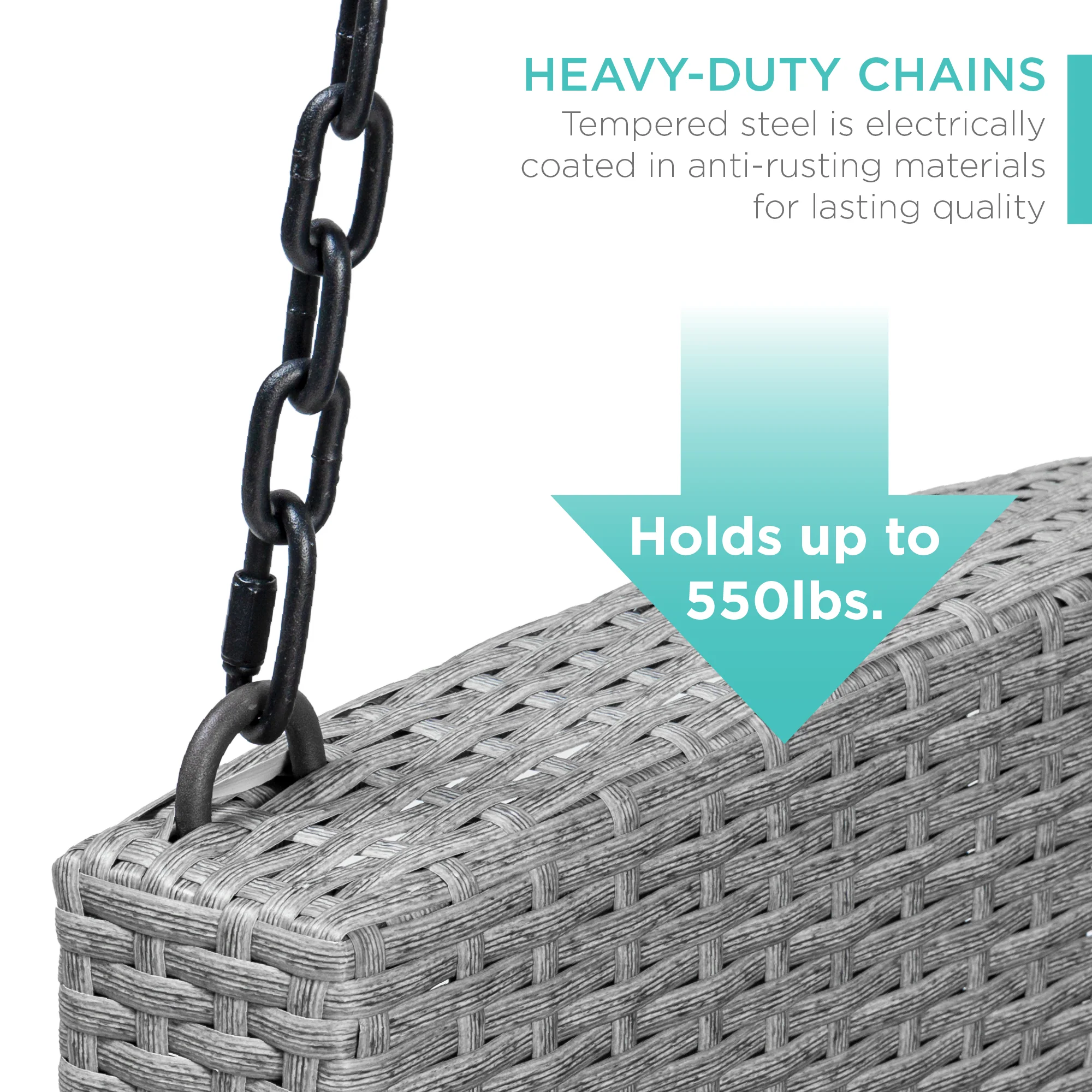 Woven Wicker Hanging Porch Swing Bench w/ Mounting Chains, Seat Cushion - Image 13