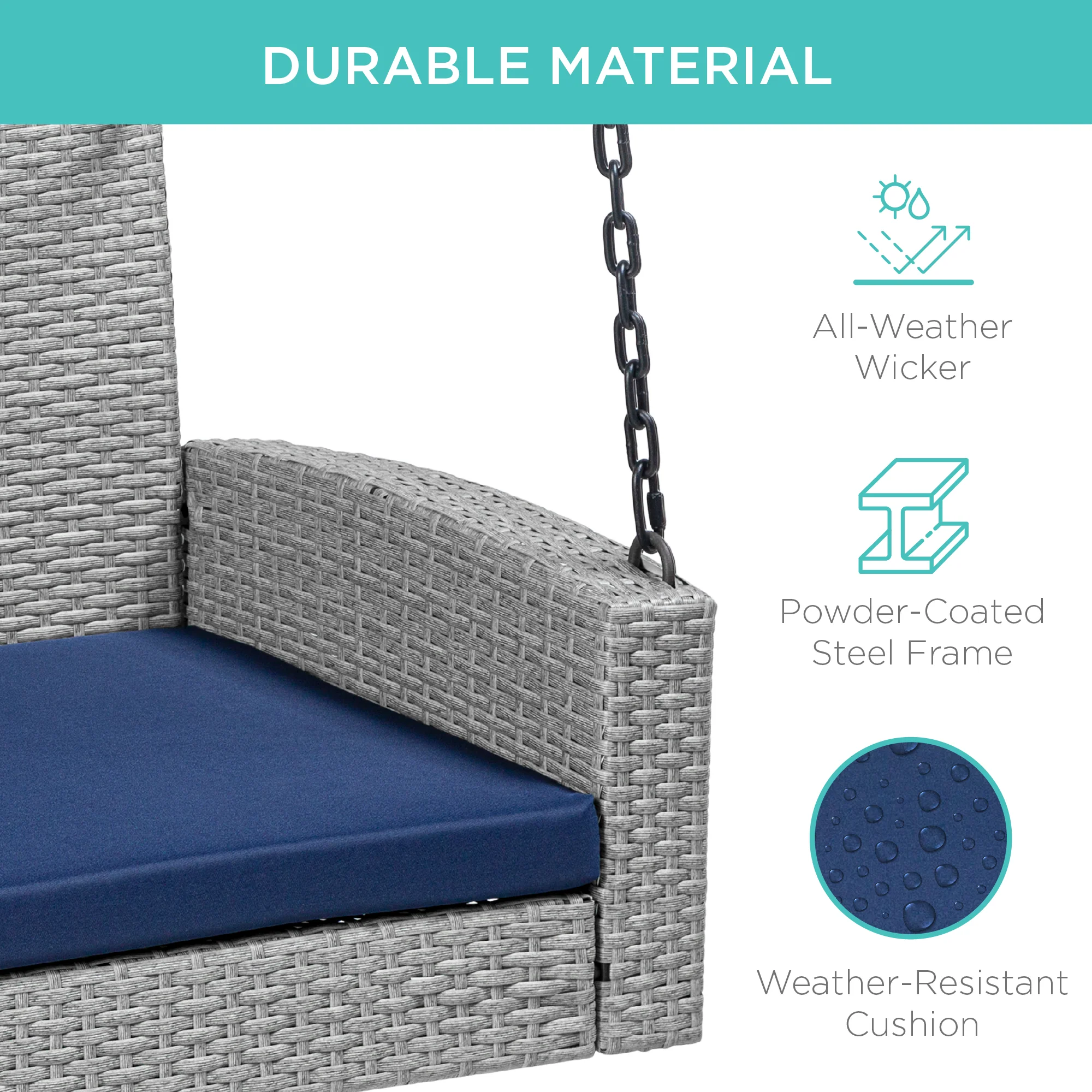 Woven Wicker Hanging Porch Swing Bench w/ Mounting Chains, Seat Cushion - Image 9