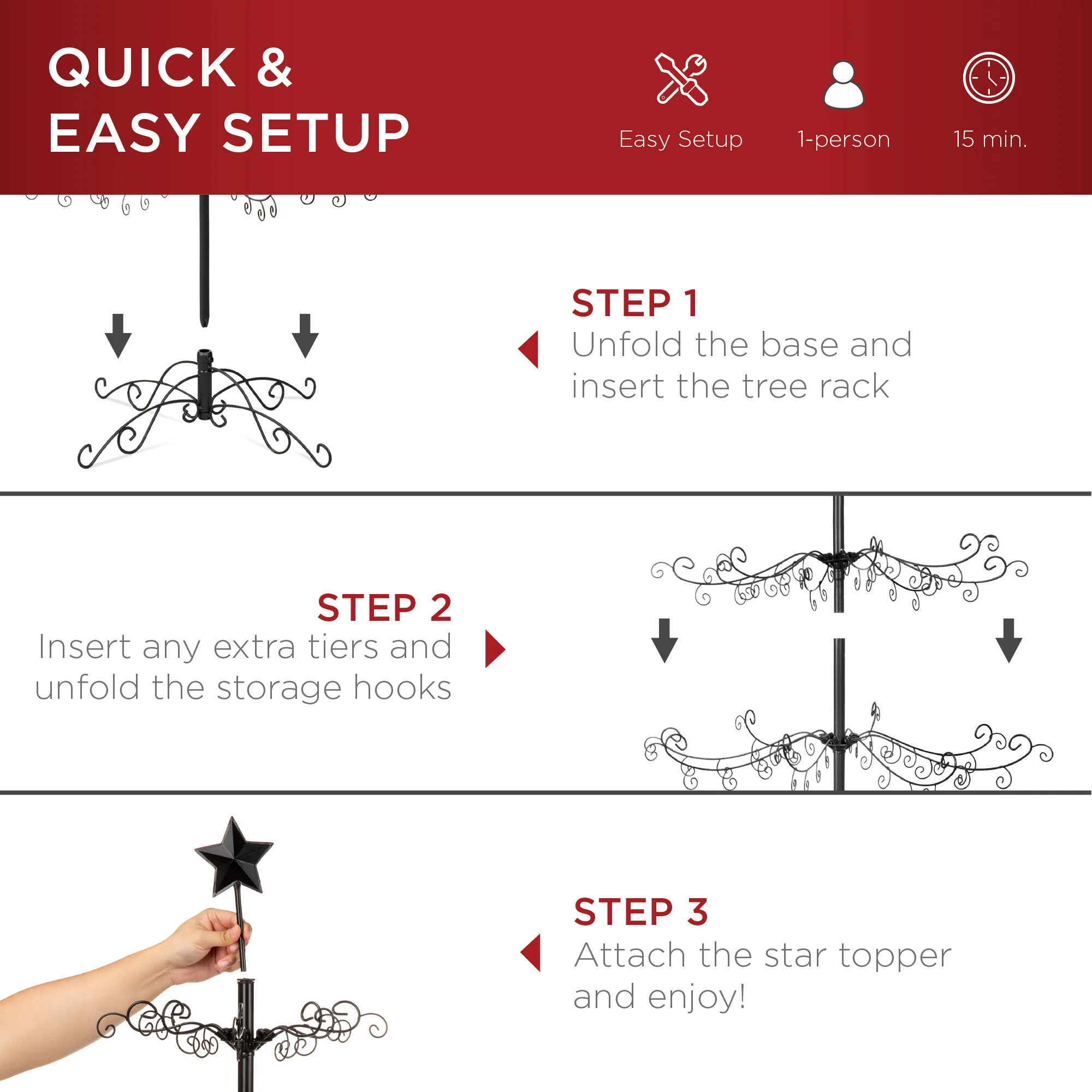 Wrought Iron Christmas Tree Ornament Display w/ Easy Assembly, Stand - 3ft - Image 13