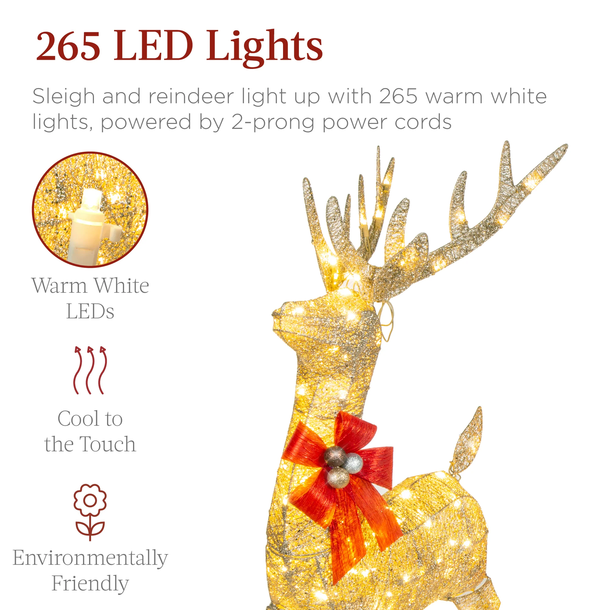 XL Lighted Christmas Reindeer & Sleigh Outdoor Decor Set w/ LED Lights - Image 4