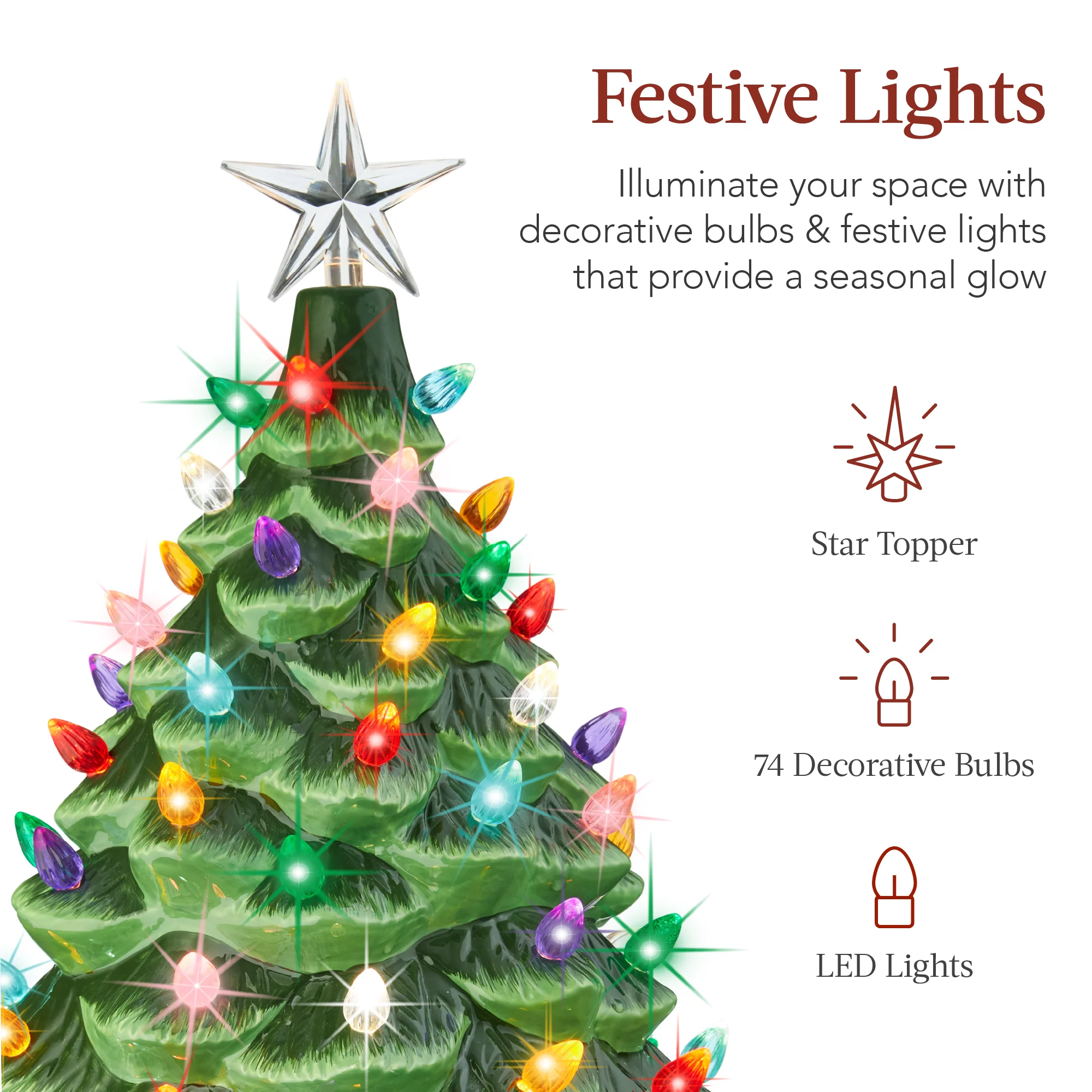 XL Pre-Lit Ceramic Christmas Tree Decoration w/ LED Light, Timer - 24in - Image 3